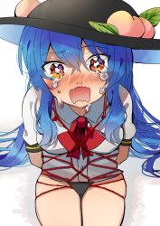 Rule 34 | 1girl, bdsm, blue hair, bondage, bound, bow, breasts, crying, crying with eyes open, food, fruit, hat, highres, hinanawi tenshi, holding, holding behind back, long hair, looking at viewer, open mouth, panties, peach, red eyes, rope, shirt, short sleeves, sitting, solo, tamagogayu1998, tears, touhou, underwear, very long hair