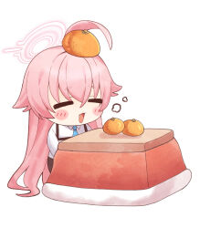 Rule 34 | 1girl, absurdres, ahoge, blue archive, blue necktie, blush, closed eyes, collared shirt, fang, food, food on head, fruit, fruit on head, halo, highres, hoshino (blue archive), hwaen, kotatsu, long hair, long sleeves, mandarin orange, necktie, object on head, open mouth, pink hair, pink halo, shirt, simple background, solo, table, white background, white shirt