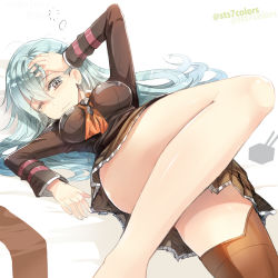 Rule 34 | 10s, 1girl, aqua eyes, aqua hair, ascot, bare legs, blazer, blush, breasts, brown thighhighs, convenient censoring, convenient leg, hand on own head, jacket, kantai collection, large breasts, leg up, long hair, long sleeves, looking at viewer, lying, messy hair, on back, one eye closed, pleated skirt, school uniform, single thighhigh, skirt, sleepy, solo, sts, suzuya (kancolle), tears, thighhighs, twitter username, wavy mouth