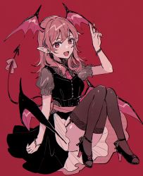 Rule 34 | 1girl, :d, arm up, bat wings, black thighhighs, black vest, bright pupils, demon tail, earrings, eyebrows hidden by hair, fangs, full body, garter straps, hair between eyes, hand up, head wings, high heels, highres, jewelry, koakuma, long hair, looking at viewer, monochrome, mozukuzu (manukedori), necktie, open mouth, puffy short sleeves, puffy sleeves, red background, red eyes, red hair, red necktie, short sleeves, simple background, sitting, smile, solo, tail, thighhighs, touhou, v, vest, white pupils, wings