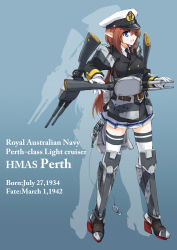 Rule 34 | 1girl, bad id, bad pixiv id, blue eyes, boots, breasts, brown hair, dakku (ogitsune), gloves, gun, hat, high heels, hmas perth, knee boots, long hair, necktie, open mouth, pointy ears, ponytail, skirt, solo, thighhighs, uniform, weapon, zettai ryouiki