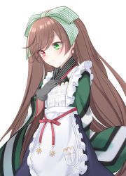Rule 34 | 1girl, absurdres, apron, arm behind back, bow, brown hair, earrings, floating hair, gloves, green bow, green eyes, green kimono, grey gloves, hair between eyes, hair bow, heterochromia, highres, ise dango, japanese clothes, jewelry, kimono, long hair, red eyes, red ribbon, ribbon, rozen maiden, simple background, solo, standing, striped, striped bow, suiseiseki, very long hair, white apron, white background