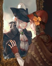 Rule 34 | 2girls, ascot, black headwear, black ribbon, blood, blood on clothes, bloodborne, bonnet, brown gloves, cloak, doll joints, fingerless gloves, flower, gloves, grey eyes, hair ribbon, hat, hat feather, hat flower, highres, jiro (ninetysix), joints, lady maria of the astral clocktower, long hair, long sleeves, looking at another, low ponytail, mirror, multiple girls, orange flower, plain doll, ponytail, red gloves, red headwear, ribbon, rose, short hair, teeth, tricorne