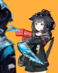 Rule 34 | 1girl, 1other, animal ears, arknights, bag, black coat, black hair, black jacket, black shirt, black shorts, blunt bangs, cat ears, cat girl, cat tail, coat, collarbone, crying, crying with eyes open, deal with it (meme), doctor (arknights), eyewear on head, green eyes, gun, headset, highres, holding, holding gun, holding weapon, hood, hooded coat, jacket, jessica (arknights), kyushi (user 41158199), looking at another, lungmen dollar, meme, name tag, open mouth, orange background, shirt, shorts, simple background, sunglasses, tail, tears, weapon