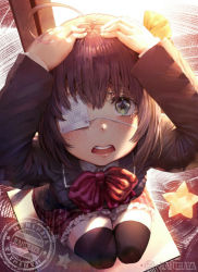 Rule 34 | 1girl, ahoge, black hair, black thighhighs, blue eyes, blush, chuunibyou demo koi ga shitai!, commentary request, eyepatch, female focus, from above, hands on own head, hani haya, highres, kneeling, long sleeves, looking at viewer, one side up, open mouth, plaid, plaid skirt, ribbon, school uniform, short hair, skirt, solo, star (symbol), takanashi rikka, tearing up, teeth, thighhighs, upper teeth only, upturned eyes, yellow ribbon