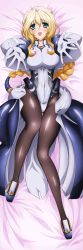 Rule 34 | 1girl, :d, blonde hair, blue eyes, blush, bodysuit, braid, breasts, cleavage, dakimakura (medium), gloves, highres, kyoukaisenjou no horizon, long hair, long image, lying, mary stuart, official art, on back, open mouth, outstretched arms, pantyhose, scar, single braid, smile, solo, tall image