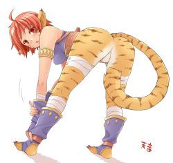 Rule 34 | 1girl, :o, ahoge, amane hasuhito, animal ears, animal print, ass, bad id, bad pixiv id, bent over, blush, boots, breath of fire, breath of fire ii, cat ears, cat tail, facial mark, fang, knee boots, looking back, red eyes, rinpoo chuan, solo, tail, tiger print