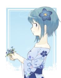 Rule 34 | 1girl, alternate costume, aqua background, armpit crease, bare shoulders, blue dress, blue eyes, blue flower, blue hair, blue theme, border, breasts, closed mouth, collarbone, dress, floral print, flower, from side, hair flower, hair ornament, happy, highres, holding, holding flower, jewelry, leaf, light smile, looking afar, looking back, mahou shoujo madoka magica, mahou shoujo madoka magica (anime), miki sayaka, nape, off-shoulder dress, off shoulder, plant, profile, ring, short hair, sideboob, simple background, small breasts, solo, un nm5sy, upper body, white border, wide sleeves