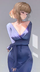 Rule 34 | 1girl, absurdres, arm under breasts, blue dress, breasts, character request, cleavage, clisapex, covered navel, dress, dress slip, highres, large breasts, light brown hair, long sleeves, looking to the side, medium hair, purple eyes, simple background, sleeves past wrists, snowbreak: containment zone, solo