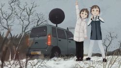 Rule 34 | 2girls, antennae, arm up, bare tree, brown hair, car, clip studio paint (medium), highres, jacket, looking at viewer, motor vehicle, multiple girls, open mouth, outdoors, pants, russian commentary, satellite dish, servachok, short hair, snow, standing, tree, winter
