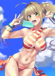 Rule 34 | 1girl, ahoge, bikini, blonde hair, blush, breasts, cleavage, criss-cross halter, fate/grand order, fate (series), green eyes, hair intakes, halterneck, large breasts, long hair, looking at viewer, navel, nero claudius (fate), nero claudius (fate) (all), nero claudius (swimsuit caster) (fate), solo, striped bikini, striped clothes, swimsuit, torimahera, twintails