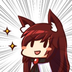 Rule 34 | &gt;:d, 1girl, :d, animal ear fluff, animal ears, brooch, brown hair, chibi, dress, imaizumi kagerou, jewelry, long hair, lowres, open mouth, smile, solid oval eyes, solo, sparkle, touhou, upper body, v-shaped eyebrows, wolf ears, wool (miwol)