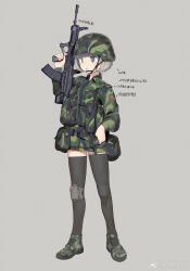 Rule 34 | 1girl, absurdres, bandaid, bandaid on face, bandaid on nose, black thighhighs, blue eyes, camouflage, finger on trigger, green footwear, grey background, grey hair, gun, helmet, highres, holding, holding gun, holding weapon, knee pads, military, military uniform, open mouth, original, short hair, simple background, solo, thighhighs, uniform, watermark, weapon, weapon request, zhongye yu