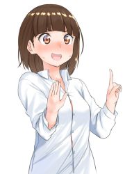 Rule 34 | 1girl, :d, blush, breasts, brown eyes, brown hair, collared shirt, commentary request, dress shirt, fang, fingernails, hands up, highres, index finger raised, long sleeves, looking at viewer, nervous smile, nose blush, open mouth, original, shirt, small breasts, smile, solo, sweat, upper body, v-shaped eyebrows, white shirt, yuki arare