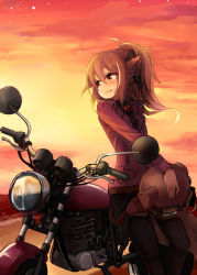 Rule 34 | 159cm, 1girl, animal ears, blush, brown hair, brown pants, closed mouth, fang, fang out, unworn headwear, helmet, unworn helmet, holding, holding helmet, jacket, long sleeves, motor vehicle, motorcycle, original, outdoors, pants, ponytail, red eyes, red jacket, red sky, sky, smile, solo, wine-chan (159cm)