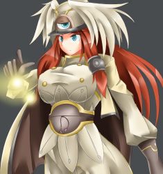 Rule 34 | 1girl, arc system works, blazblue, blazblue: continuum shift, blue eyes, breasts, cape, female focus, gloves, hat, head wings, huge breasts, long hair, military, military uniform, pomgi, red hair, solo, tsubaki yayoi, uniform, wings