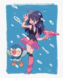 Rule 34 | 1girl, arms up, bird, black socks, black vest, blue background, blue eyes, blue hair, blush stickers, boots, bracelet, closed eyes, commentary, creatures (company), dawn (pokemon), full body, game freak, gen 4 pokemon, hair ornament, hand up, highres, holding, holding water gun, jewelry, jumping, kneehighs, long hair, mgomurainu, nintendo, one eye closed, open mouth, penguin, pink footwear, pink skirt, piplup, pokemon, pokemon (anime), pokemon (creature), pokemon dppt (anime), shirt, sidelocks, skirt, sleeveless, sleeveless shirt, socks, splashing, vest, water, water gun, white shirt