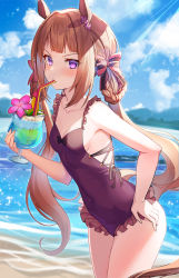 Rule 34 | 1girl, animal ears, bad id, bad twitter id, beach, blush, breasts, brown hair, cleavage, cloud, collarbone, cup, drinking straw, flower, hair flower, hair ornament, hair ribbon, highres, horse ears, horse girl, horse tail, looking at viewer, official alternate costume, ohihil, purple eyes, ribbon, sky, small breasts, solo, sweep tosho (monopolizing the chill?) (umamusume), sweep tosho (umamusume), swimsuit, tail, twintails, umamusume