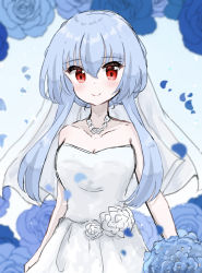 Rule 34 | 1girl, alternate costume, alternate hair length, alternate hairstyle, bare shoulders, blue background, blue flower, blue hair, blue rose, blush, breasts, closed mouth, collarbone, commentary request, dress, flower, gradient background, grey dress, grey flower, grey rose, hair between eyes, highres, jewelry, kamishirasawa keine, koharu66353343, looking at viewer, medium breasts, necklace, no headwear, red eyes, rose, short hair, short hair with long locks, sidelocks, smile, solo, standing, touhou, wedding dress, white background