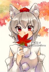 Rule 34 | 1girl, 2zuz4hru, animal ear fluff, animal ears, artist name, commentary request, covering own mouth, detached sleeves, grey hair, hand up, hat, highres, holding, holding leaf, inubashiri momiji, leaf, maple leaf, marker (medium), painting (medium), partial commentary, pom pom (clothes), red eyes, shirt, short eyebrows, short hair, sleeveless, sleeveless shirt, solo, thick eyebrows, tokin hat, touhou, traditional media, turtleneck, twitter username, upper body, watercolor (medium), watermark, white shirt, wolf ears