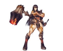 Rule 34 | 1girl, black hair, bodysuit, boots, breasts, broken, broken weapon, brown eyes, feet, female focus, full body, game cg, hair over shoulder, hammer, hand up, holding, holding hammer, huge breasts, legs, legs apart, long hair, looking at viewer, melon22, original, parted lips, serious, solo, standing, thick thighs, thighs, torn bodysuit, torn clothes, transparent background, weapon