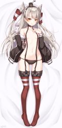 Rule 34 | 10s, 1girl, amatsukaze (kancolle), black panties, blush, breasts, gloves, hair tubes, highres, kantai collection, lifebuoy, long hair, looking at viewer, lying, navel, on back, panties, side-tie panties, silver hair, single glove, small breasts, smile, solo, striped clothes, striped thighhighs, swim ring, thighhighs, twintails, two side up, underwear, white gloves, yellow eyes, you06