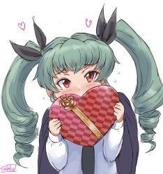 Rule 34 | 10s, 1girl, anchovy (girls und panzer), artist name, bad id, bad pixiv id, blush, box, cape, covering face, drill hair, girls und panzer, green hair, heart, heart-shaped box, long hair, looking at viewer, military, military uniform, necktie, red eyes, ribbon, signature, solo, solokov (okb-999), twin drills, twintails, uniform, valentine
