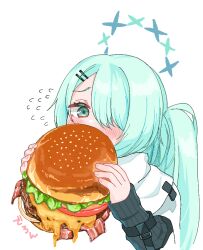 Rule 34 | 1girl, black sweater, blue archive, blush, burger, flying sweatdrops, food, green eyes, green hair, green halo, hair ornament, hair over one eye, hairclip, halo, hiyori (blue archive), holding, holding food, long hair, long sleeves, sacha, scarf, side ponytail, simple background, solo, sweater, upper body, white background, white scarf