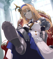 Rule 34 | 1girl, armchair, armor, armored boots, black gloves, blurry, blurry background, boots, breasts, brown hair, chair, cleavage cutout, closed mouth, clothing cutout, crossed legs, dress, earrings, elbow gloves, enyo (granblue fantasy), gloves, granblue fantasy, green eyes, hairband, indoors, jewelry, long hair, looking at viewer, nos, shoulder armor, sitting, sleeveless, sleeveless dress, small breasts, smile, solo, vambraces, white dress