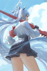 Rule 34 | 1girl, armband, black skirt, blue archive, cowboy shot, dark-skinned female, dark skin, gloves, grey hair, halo, highres, iori (blue archive), long hair, meinoss, pointy ears, red armband, red eyes, shirt, skirt, twintails, weapon, white shirt