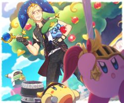 Rule 34 | 1boy, blonde hair, blue eyes, crossover, doctor healmore (team kirby clash), final fantasy, final fantasy xv, fingerless gloves, freckles, gloves, hammer lord (team kirby clash), hat, jacket, kirby, kirby (series), long hair, magolor, male focus, mishio, multiple boys, nintendo, prompto argentum, rayman limbs, smile, sword, sword hero (team kirby clash), team kirby clash deluxe, weapon
