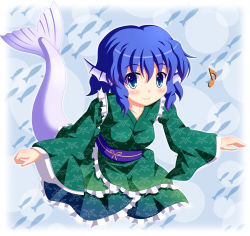 Rule 34 | 1girl, bad id, bad pixiv id, blue eyes, blue hair, fins, fish, frilled kimono, frills, head fins, japanese clothes, kimono, mermaid, monster girl, musical note, nanaoto (lycia), smile, touhou, wakasagihime, wide sleeves