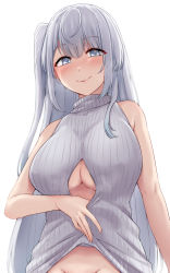 Rule 34 | 1girl, absurdres, blue eyes, blush, breasts, cleavage, closed mouth, clothes lift, fuyutsuki (kancolle), groin, heart, heart-shaped pupils, highres, kantai collection, kiritto, large breasts, lifting own clothes, long hair, one side up, simple background, smile, solo, sweater, sweater lift, symbol-shaped pupils, underboob, upper body, white background, white hair, white sweater