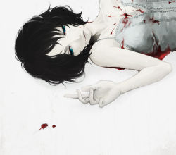 Rule 34 | 1girl, bad id, bad pixiv id, baroque (series), baroque syndrome, black hair, blood, blue eyes, death, face, lips, mignolo, pale skin, sola (414lilyope), solo, watanabe rubi
