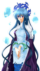 Rule 34 | 1girl, blue hair, breasts, bubble, cape, cowboy shot, female focus, hair between eyes, highres, houshin engi, long hair, medium breasts, moyoriaki, own hands together, purple cape, purple eyes, ryuukitsu koushu, shirt, simple background, solo, standing, taut clothes, taut shirt, very long hair, water, white background