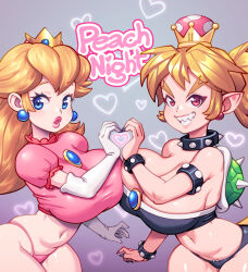 Rule 34 | 2girls, bare shoulders, black nails, black pantyhose, blonde hair, blue eyes, bowsette, bracelet, breasts, cleavage, collar, cowboy shot, crop top, crown, earrings, elbow gloves, fingernails, gloves, gradient background, grey background, grin, heart, heart hands, jewelry, large breasts, long hair, mario (series), multiple girls, navel, new super mario bros. u deluxe, panties, pantyhose, pink lips, pink panties, pointy ears, ponytail, princess peach, puffy short sleeves, puffy sleeves, purple background, red eyes, sharp fingernails, sharp teeth, short sleeves, smile, spiked collar, spiked shell, spikes, standing, strapless, super crown, super mario bros. 1, supersatanson, teeth, thick eyebrows, thick lips, tube top, underwear, white gloves