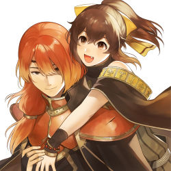 Rule 34 | 1boy, 1girl, armor, aym (ash3ash3ash), bad id, bad twitter id, breastplate, brother and sister, brown eyes, brown hair, closed mouth, delthea (fire emblem), fang, fire emblem, fire emblem echoes: shadows of valentia, highres, long hair, low ponytail, luthier (fire emblem), nintendo, open mouth, orange hair, ponytail, siblings, simple background, smile, upper body, white background