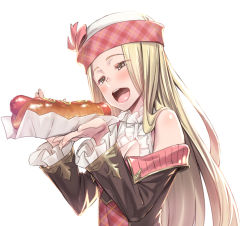 Rule 34 | 10s, 1girl, bare shoulders, blonde hair, blush, breasts, cleavage, diola (granblue fantasy), eating, food, granblue fantasy, h kasei, hat, hot dog, long hair, open mouth, small breasts, smile, solo, tongue, yellow eyes