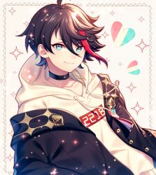 Rule 34 | 1boy, black choker, black hair, blue eyes, buttons, chiyu (silverxxxx), choker, closed mouth, commentary, drawstring, heart, highres, hood, hood down, hoodie, long sleeves, looking at viewer, male focus, multicolored hair, nijisanji, red hair, saegusa akina, short hair, smile, solo, star (symbol), streaked hair, symbol-only commentary, two-tone hair, upper body, virtual youtuber