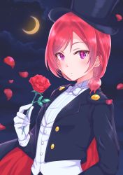 Rule 34 | 1girl, absurdres, black hat, black jacket, blush, crescent moon, crossdressing, flower, gloves, hair between eyes, hat, highres, holding, holding flower, jacket, kobayashi nyoromichi, long sleeves, looking at viewer, love live!, love live! school idol project, moon, night, nishikino maki, open clothes, open jacket, outdoors, parted lips, purple eyes, red flower, red hair, red rose, rose, shirt, short hair, sky, solo, star (sky), starry sky, upper body, white gloves, white neckwear, white shirt