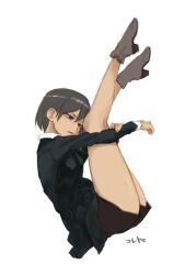 Rule 34 | 1girl, black hair, boots, breasts, brown eyes, full body, high heel boots, high heels, highres, holding legs, kotoyama, legs, original, short hair, shorts, simple background, small breasts, solo, white background