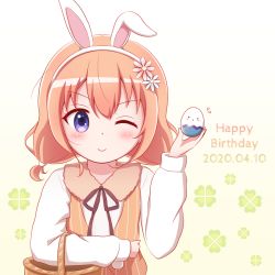 Rule 34 | 1girl, ;), animal ears, basket, black ribbon, blue eyes, blue flower, blush, brown background, brown hair, brown vest, closed mouth, clover, collared shirt, commentary request, dated, easter egg, egg, fake animal ears, flower, four-leaf clover, gochuumon wa usagi desu ka?, goth risuto, gradient background, hair flower, hair ornament, hairband, hand up, happy birthday, holding, hoto cocoa, long hair, long sleeves, looking at viewer, low twintails, neck ribbon, one eye closed, pinstripe pattern, pinstripe vest, rabbit ears, red flower, ribbon, shirt, smile, solo, striped clothes, striped vest, twintails, upper body, v-shaped eyebrows, vertical-striped clothes, vertical-striped vest, vest, white background, white hairband, white shirt