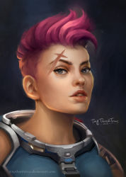 Rule 34 | 1girl, absurdres, artist name, blue background, dark background, green eyes, grey background, highres, lips, looking at viewer, md5 mismatch, nose, overwatch, overwatch 1, parted lips, pink hair, portrait, resolution mismatch, scar, scar across eye, scar on face, short hair, signature, solo, source smaller, tiny thanh truc, watermark, web address, zarya (overwatch)