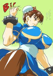 Rule 34 | 1girl, blue dress, bracelet, breasts, brown pantyhose, bun cover, capcom, china dress, chinese clothes, chun-li, commentary, double bun, dress, from below, gemu555, gradient background, green background, hair bun, highleg, highleg dress, huge breasts, jewelry, pantyhose, pelvic curtain, puffy short sleeves, puffy sleeves, short sleeves, side slit, solo, spiked bracelet, spikes, street fighter, sweatdrop, translation request, upskirt