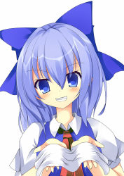 Rule 34 | 1girl, blue eyes, blue hair, blush, cirno, collared shirt, commentary request, cookie (touhou), dress, grin, hair between eyes, highres, holding, holding towel, kurikinton (cookie), looking at viewer, medium hair, necktie, pinafore dress, puffy short sleeves, puffy sleeves, red necktie, shirt, short sleeves, simple background, sleeveless dress, smile, solo, szk, touhou, towel, upper body, white background, white shirt