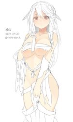 Rule 34 | 10s, 1girl, blush, brown eyes, budget sarashi, character name, clothes pull, collarbone, covering privates, covering crotch, cowboy shot, dated, fujishiro touma, hand on own chest, haruna (kancolle), headgear, kantai collection, long hair, partially colored, partially undressed, sarashi, skirt, skirt pull, solo, tears, torn clothes, twitter username, white background