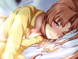 Rule 34 | bed sheet, blush, breasts, brown hair, casual, cleavage, closed mouth, collarbone, commentary request, hair between eyes, half-closed eye, indoors, kagerou (kancolle), kantai collection, kobamiso (kobalt), light rays, long hair, long sleeves, lying, medium breasts, on bed, on side, one eye closed, pajamas, pants, purple eyes, shirt, sidelocks, smile, uneven eyes, waking up, yellow pajamas, yellow pants, yellow shirt