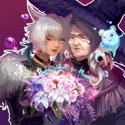 Rule 34 | 2girls, animal ears, arm around shoulder, black choker, blue eyes, bouquet, brooch, brown eyes, bubble, capelet, cat ears, choker, commentary, dress, elemental (creature), english commentary, english text, facial mark, facial tattoo, feather hair ornament, feathers, final fantasy, final fantasy xiv, flower, fringe trim, fur-trimmed dress, fur trim, gem, grey hair, hair ornament, hand on another&#039;s shoulder, hat, highres, holding, holding bouquet, hyur, jewelry, looking at viewer, matoya (ff14), medium hair, miqo&#039;te, multiple girls, neck tattoo, nixie (ff14), old, old woman, one eye closed, outline, pink flower, purple background, purple capelet, purple flower, purple gemstone, purple headwear, short hair, smile, tattoo, teacher and student, upper body, wen53136288, white hair, white outline, witch hat, wrinkled skin, y&#039;shtola rhul