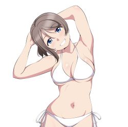 Rule 34 | 1girl, alternate hairstyle, barkhorn0331, bikini, blue eyes, blush, breasts, brown hair, cleavage, commentary, highres, large breasts, love live!, love live! sunshine!!, medium breasts, short hair, simple background, smile, solo, swimsuit, watanabe you