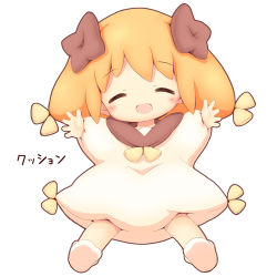 Rule 34 | 1girl, :d, ^ ^, aikei ake, blush, brown dress, brown hair, chibi, closed eyes, dress, facing viewer, full body, hair ornament, highres, long sleeves, open mouth, original, personification, puffy long sleeves, puffy sleeves, simple background, smile, socks, soles, solo, translation request, white background, white socks